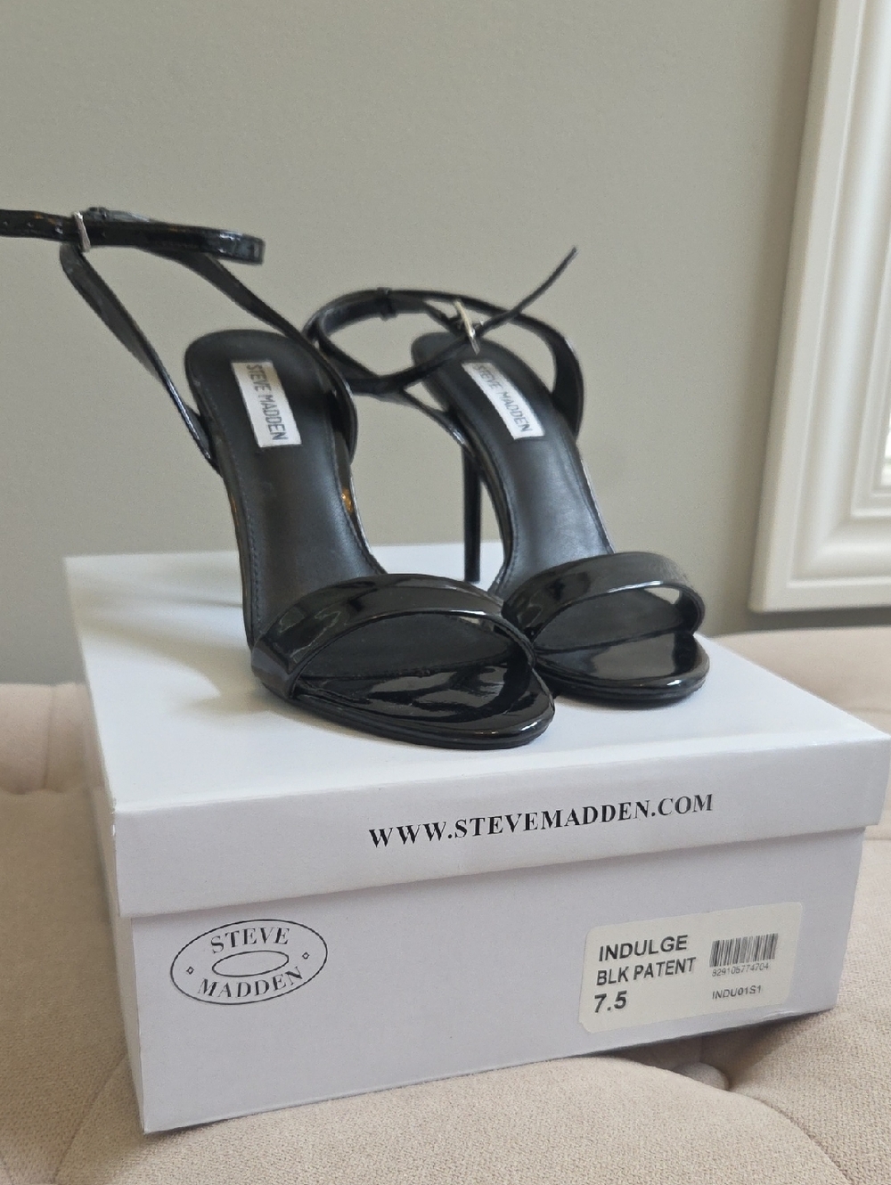 Steve Madden Indulge Black Patent Strappy High Heel Sandals 7.5
